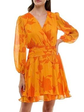Maison Tara Orange Floral faux Wrap Mini long sleeve Dress